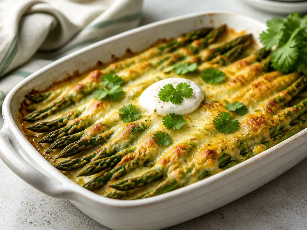 Bubbling cheesy asparagus gratin in a baking dish with a golden breadcrumb topping