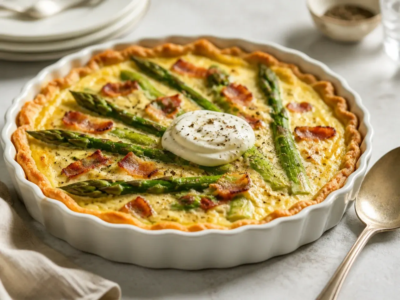 Sliced asparagus and bacon quiche on a plate showing the custard filling