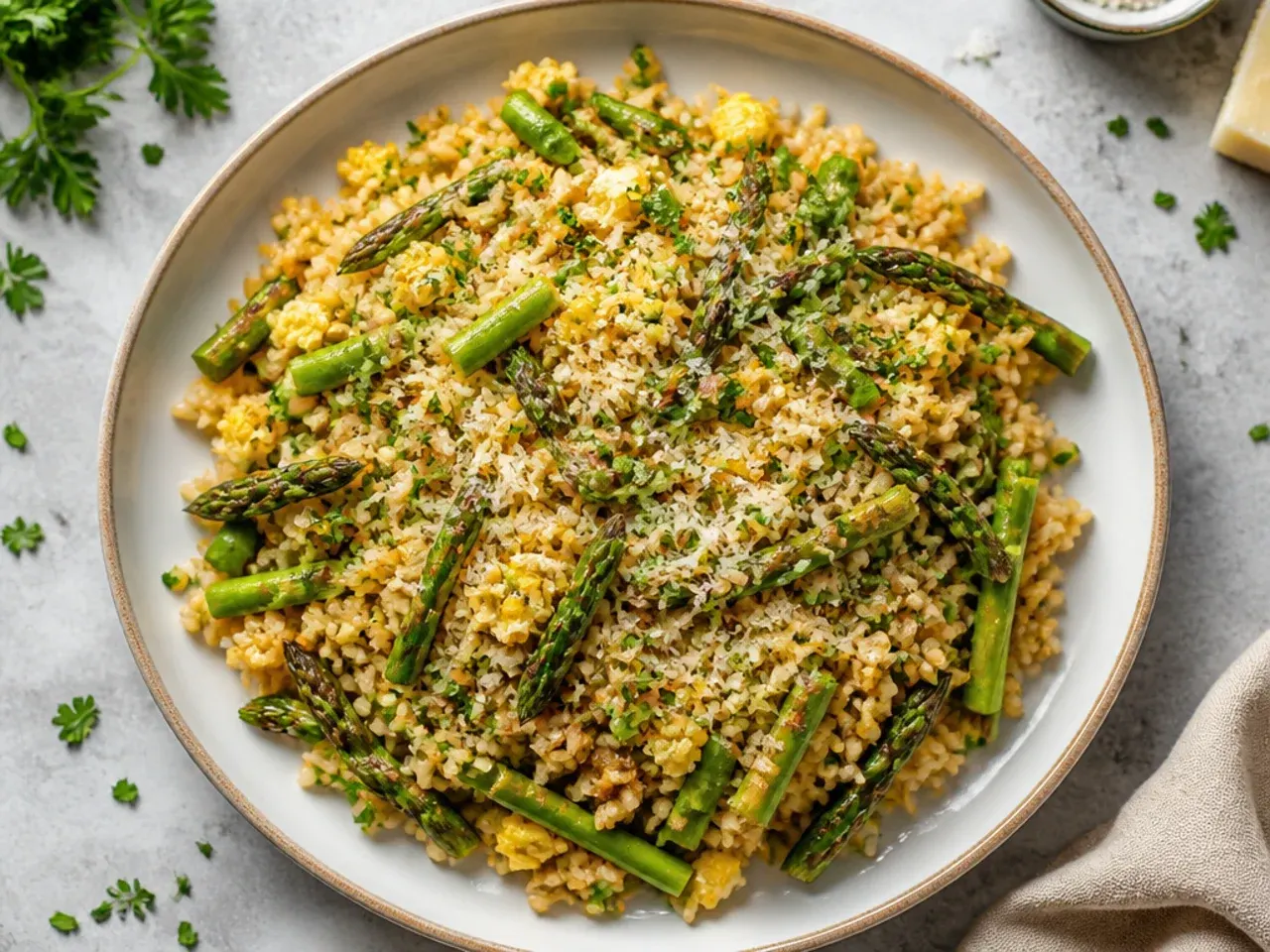 Wok of asparagus fried rice with egg and carrot