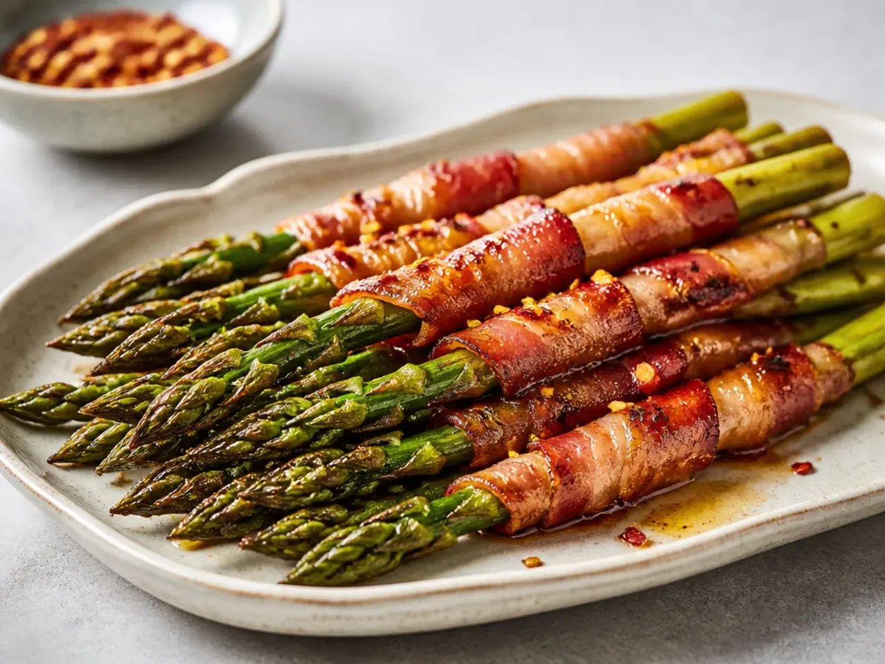 Bacon-wrapped asparagus bundles roasted golden and crisp on a wire rack