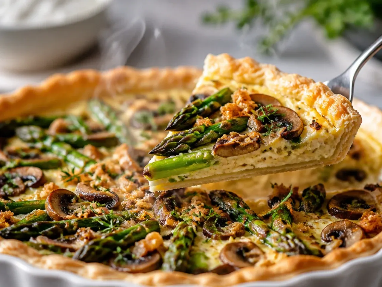 Rustic puff pastry tart topped with asparagus and mushrooms fresh from the oven