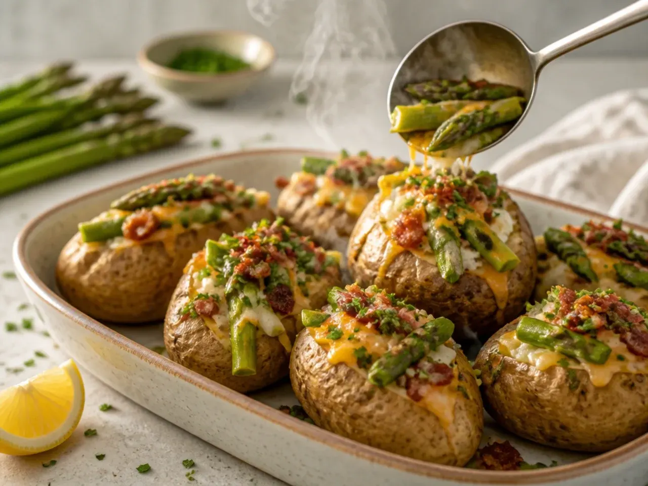 Loaded baked potato topped with asparagus, bacon, melted cheddar and sour cream