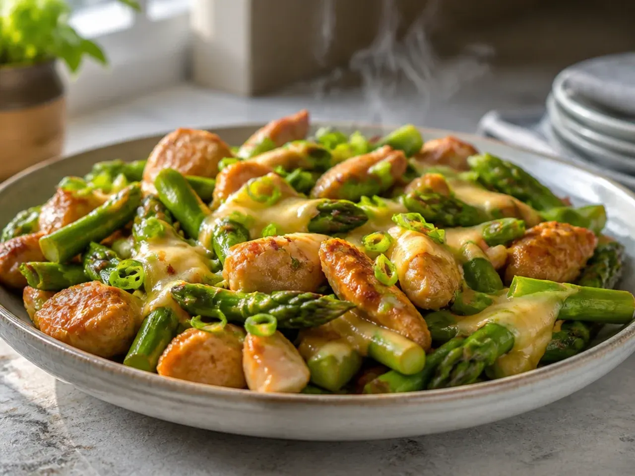Asparagus and chicken stir-fry with a glossy sauce in a wok