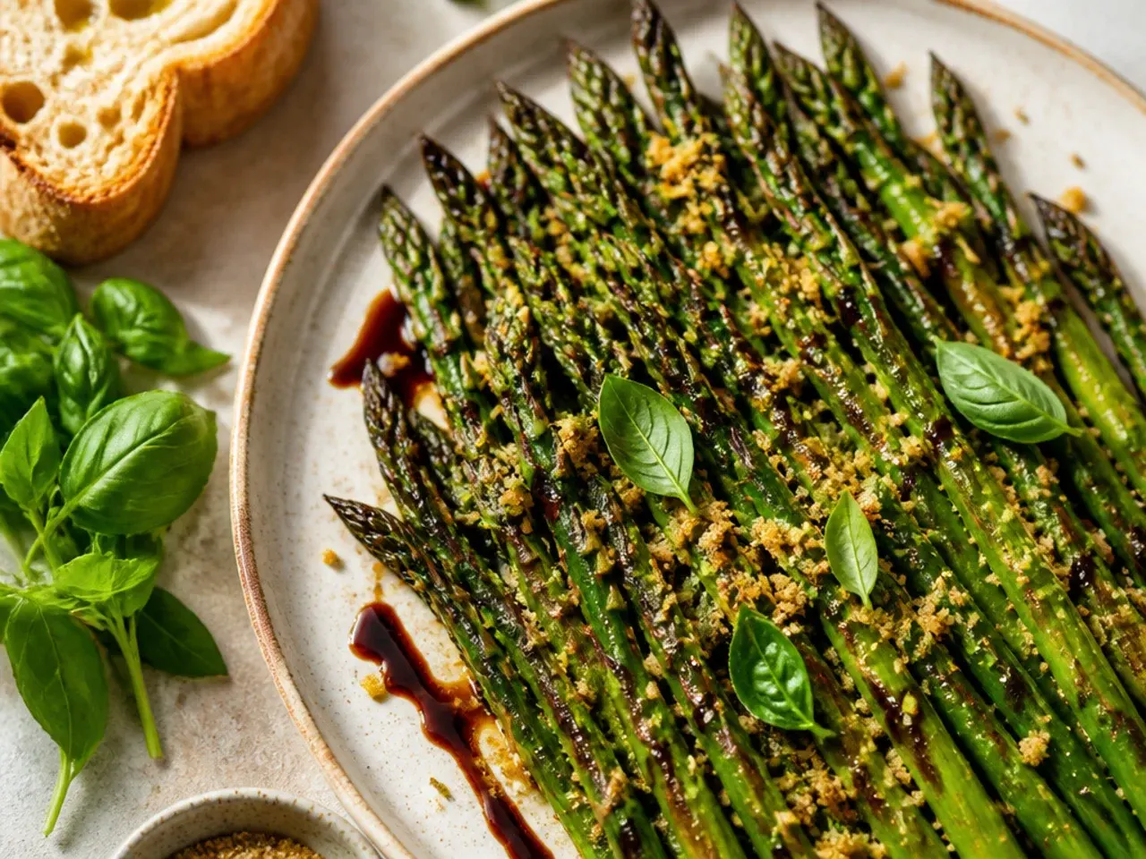 Charred grilled asparagus drizzled with balsamic glaze and parmesan shavings