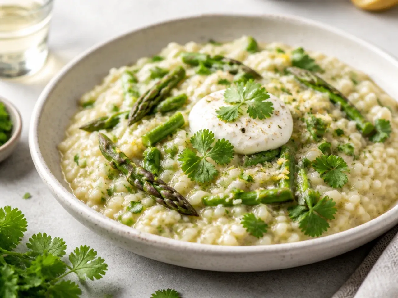 Creamy asparagus risotto in a pot topped with parmesan