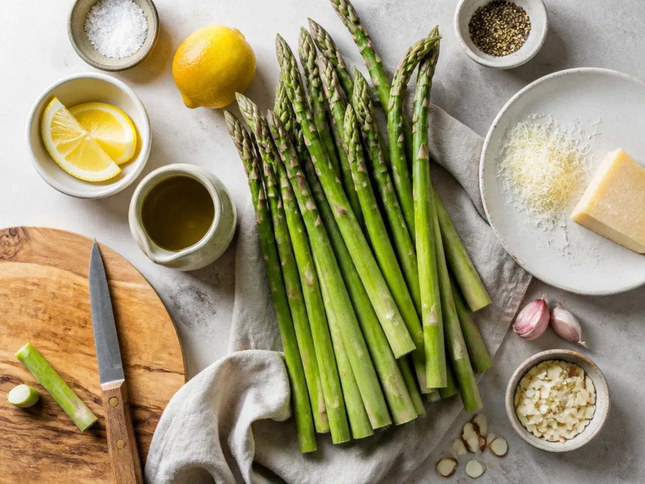 Hands snapping the woody end off a raw asparagus spear
