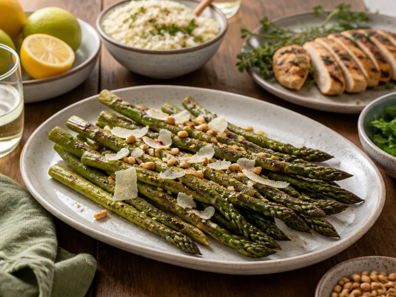 Dinner table spread with grilled salmon, roasted asparagus and a grain salad