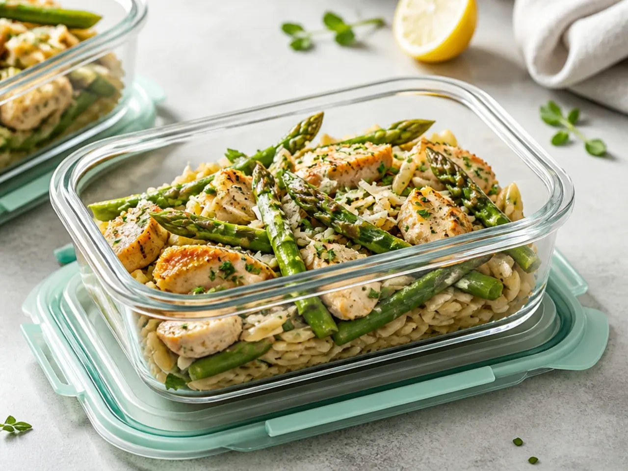 Fresh asparagus spears stored upright in a glass jar of water in the fridge