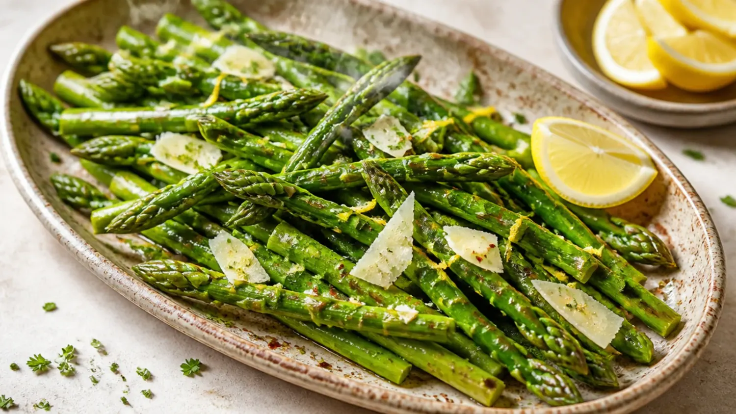 Overhead shot of a foolproof asparagus salad with blanched spears, shaved ribbons, crumbled feta, toasted pine nuts and torn mint on a white platter