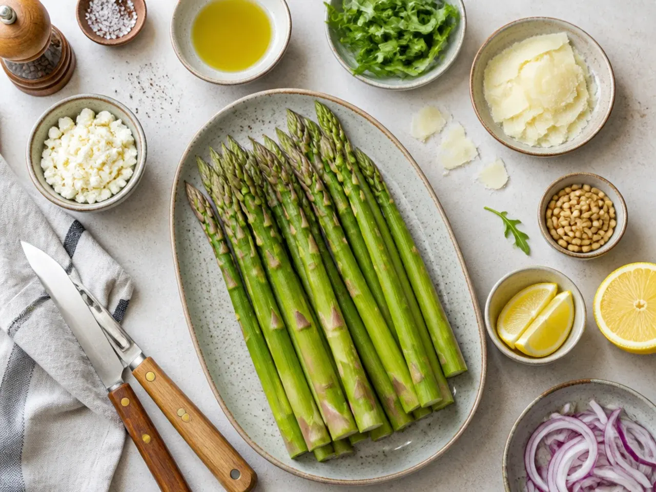 Close-up of raw asparagus spears being shaved into ribbons with a vegetable peeler on a wooden board