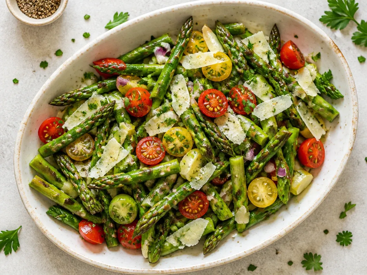 Glass jars of asparagus vinaigrette, sliced radish and toasted pine nuts arranged for make-ahead salad prep