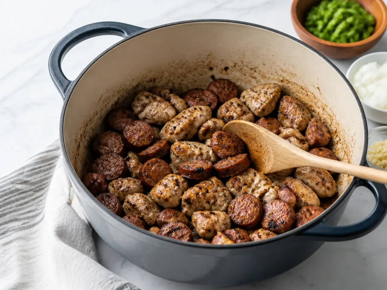 authentic gumbo recipe — step 1: brown the sausage and chicken