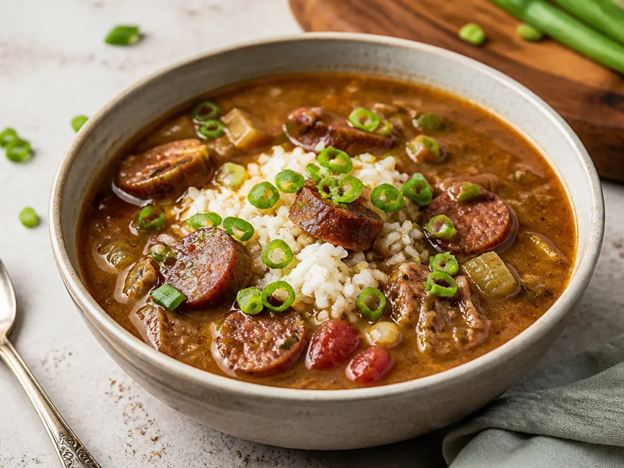Steaming bowl of authentic Cajun gumbo with rice, andouille sausage and spring onions