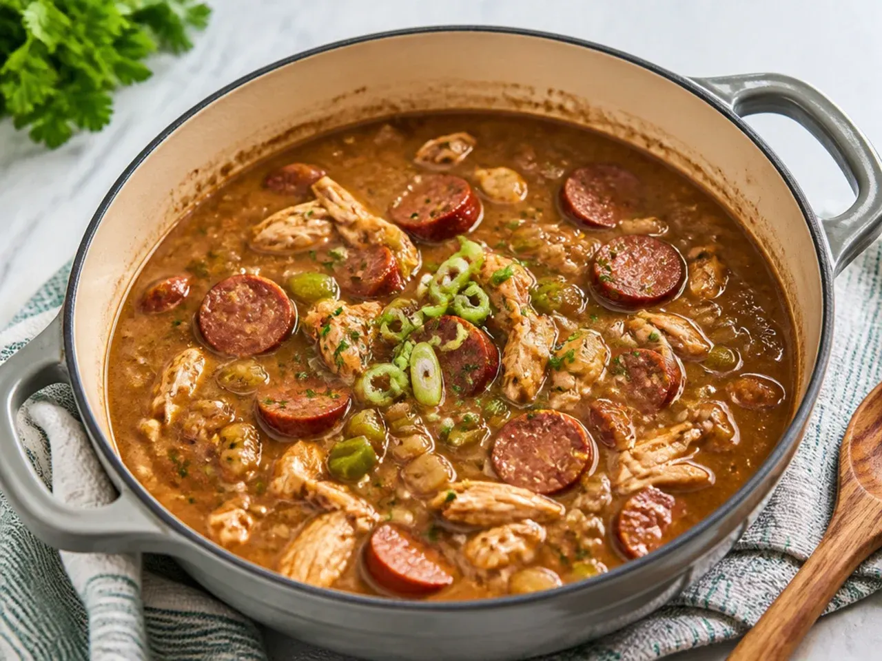 Classic authentic Cajun gumbo recipe with chicken and andouille sausage in a Dutch oven