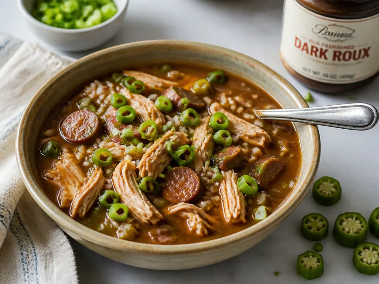 Easy weeknight gumbo recipe made with rotisserie chicken and jarred dark roux