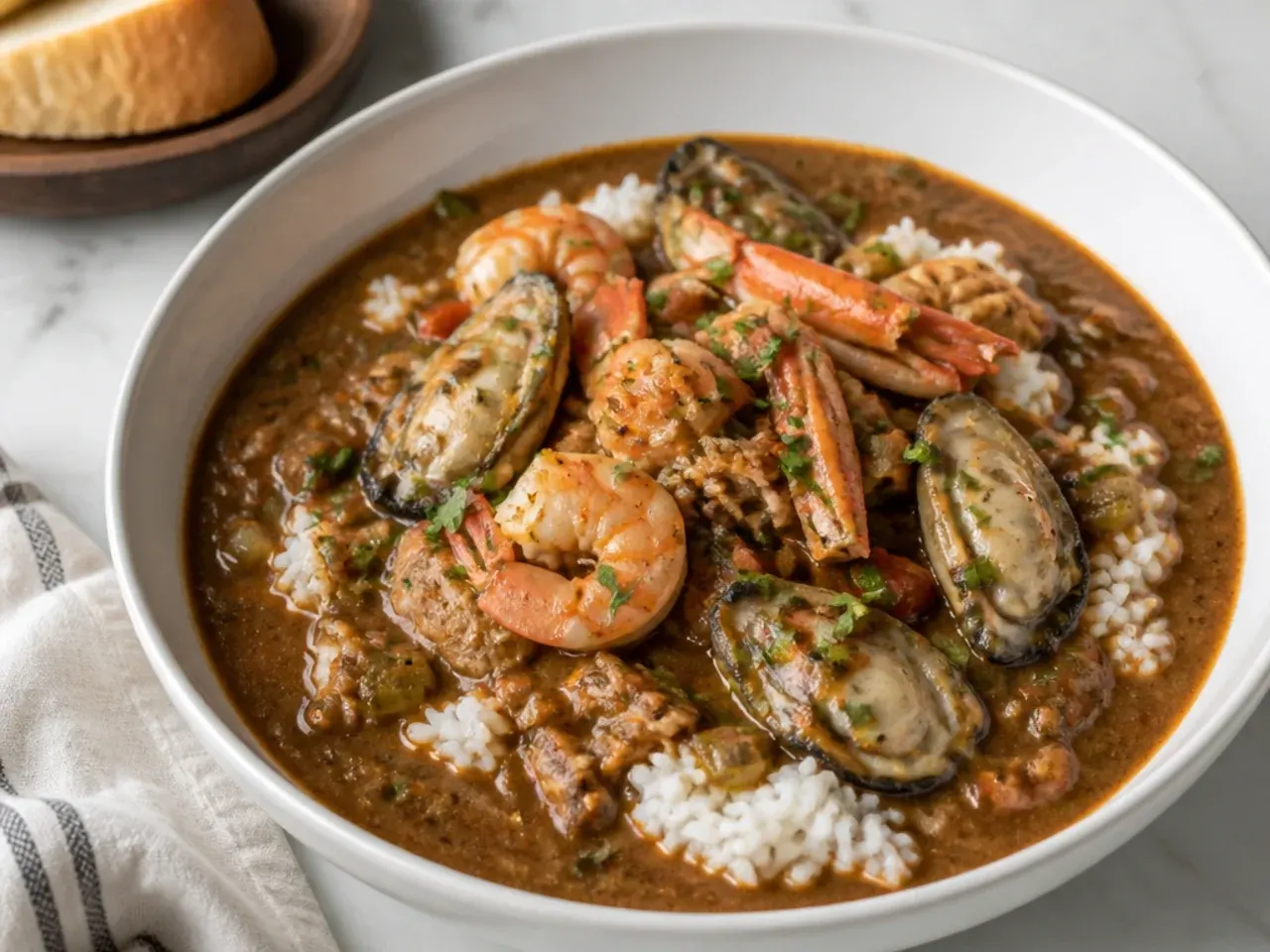 Authentic Louisiana seafood gumbo with prawns, crab and oysters over white rice