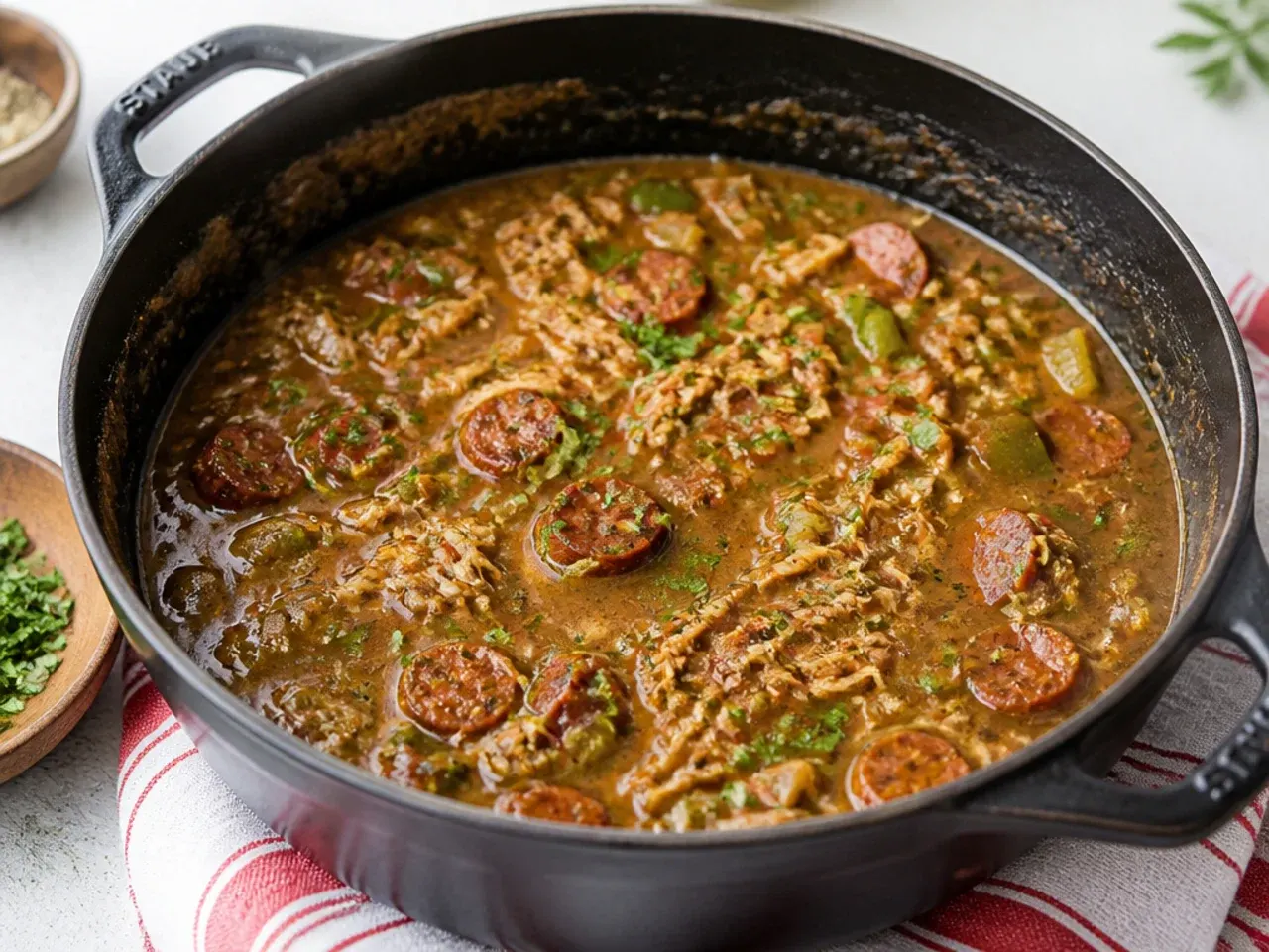 Rich duck and andouille Cajun gumbo simmering in a cast iron pot