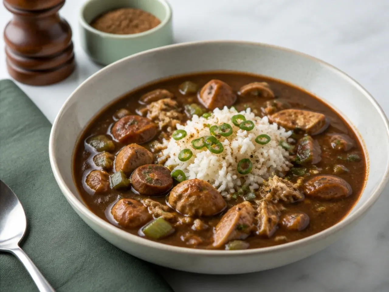 Authentic file gumbo recipe finished with sassafras powder at the table