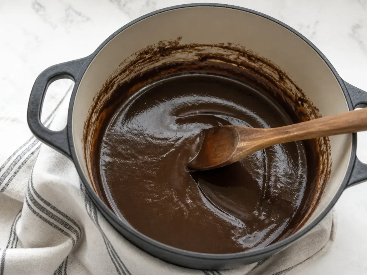 Dark oven-baked roux for homemade gumbo in a cast iron Dutch oven