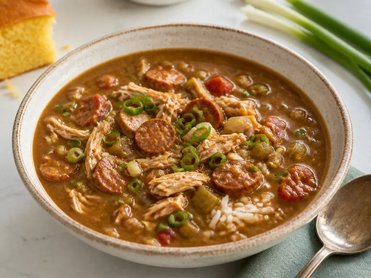 Lighter gumbo recipe made with an oil-free toasted flour dry roux