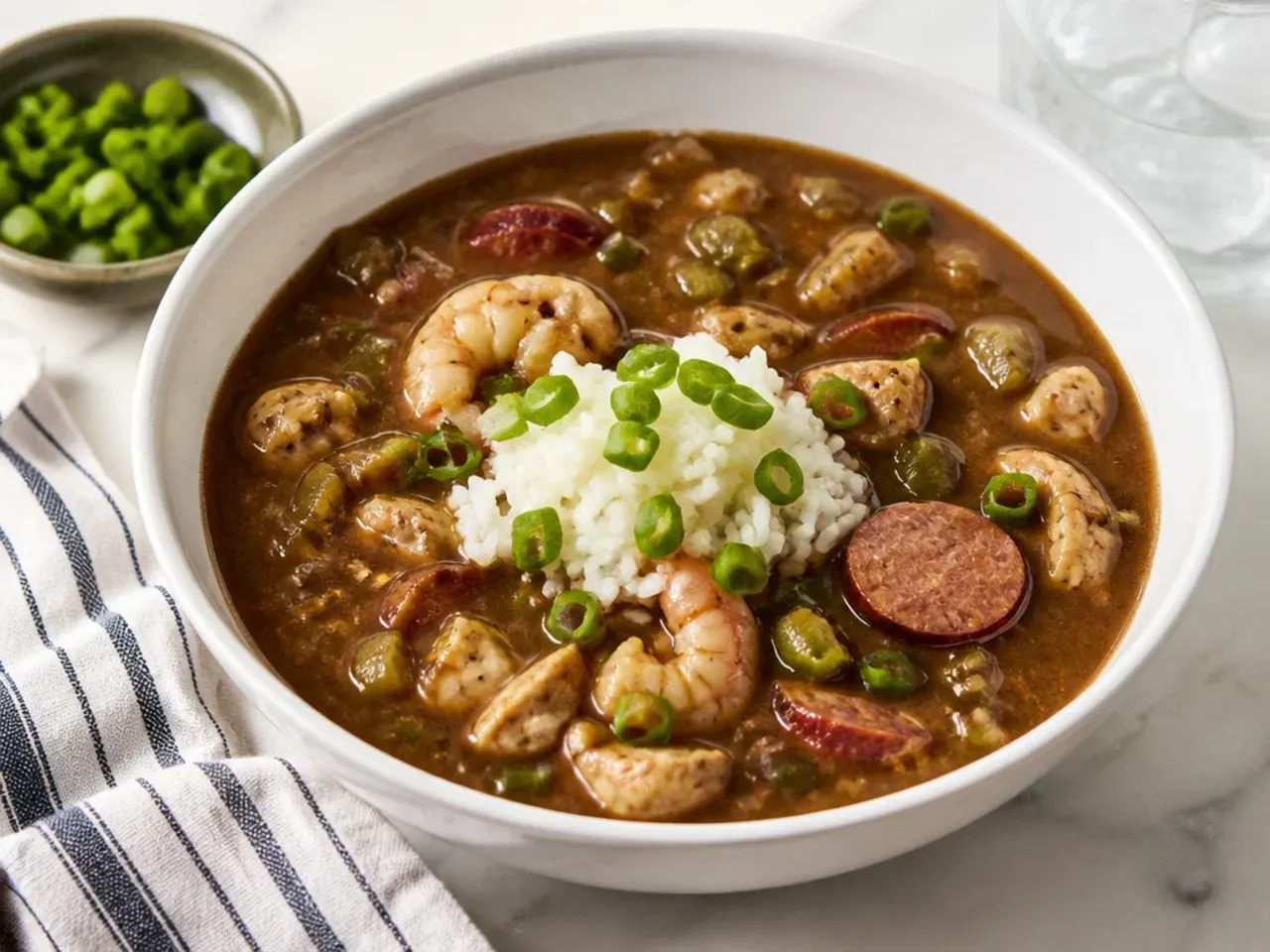 Gluten-free gumbo recipe made with a dark rice flour roux