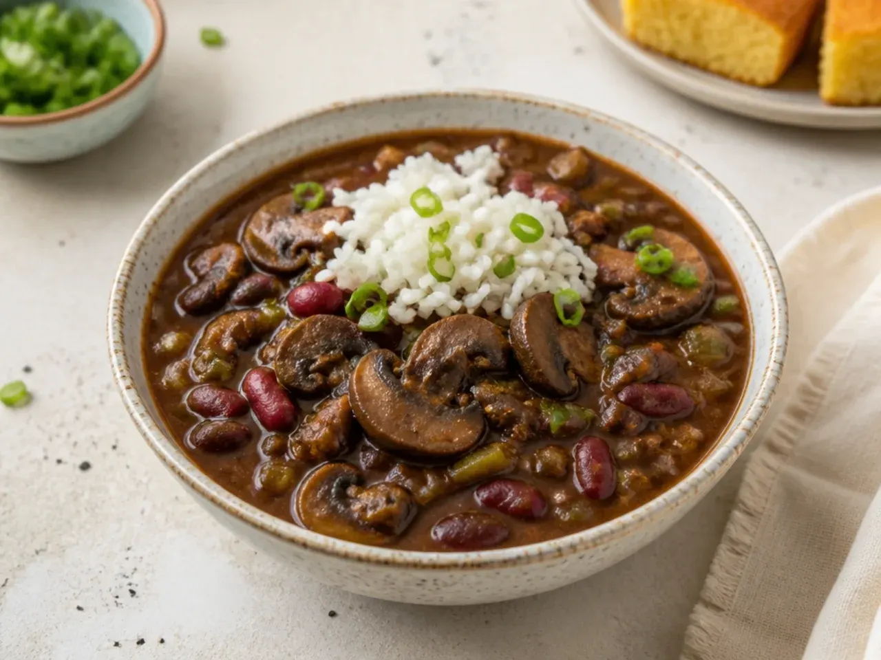 Vegan gumbo recipe with mushrooms, red kidney beans and dark roux