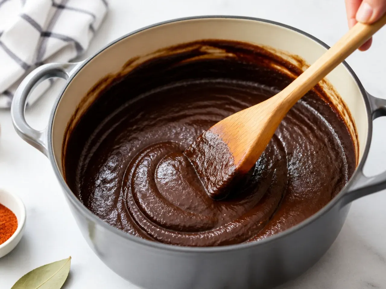 Stirring a dark chocolate roux for authentic gumbo with a flat wooden spoon