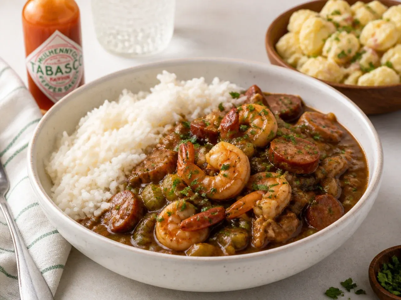 Bowl of homemade Cajun gumbo served over rice with potato salad and hot sauce