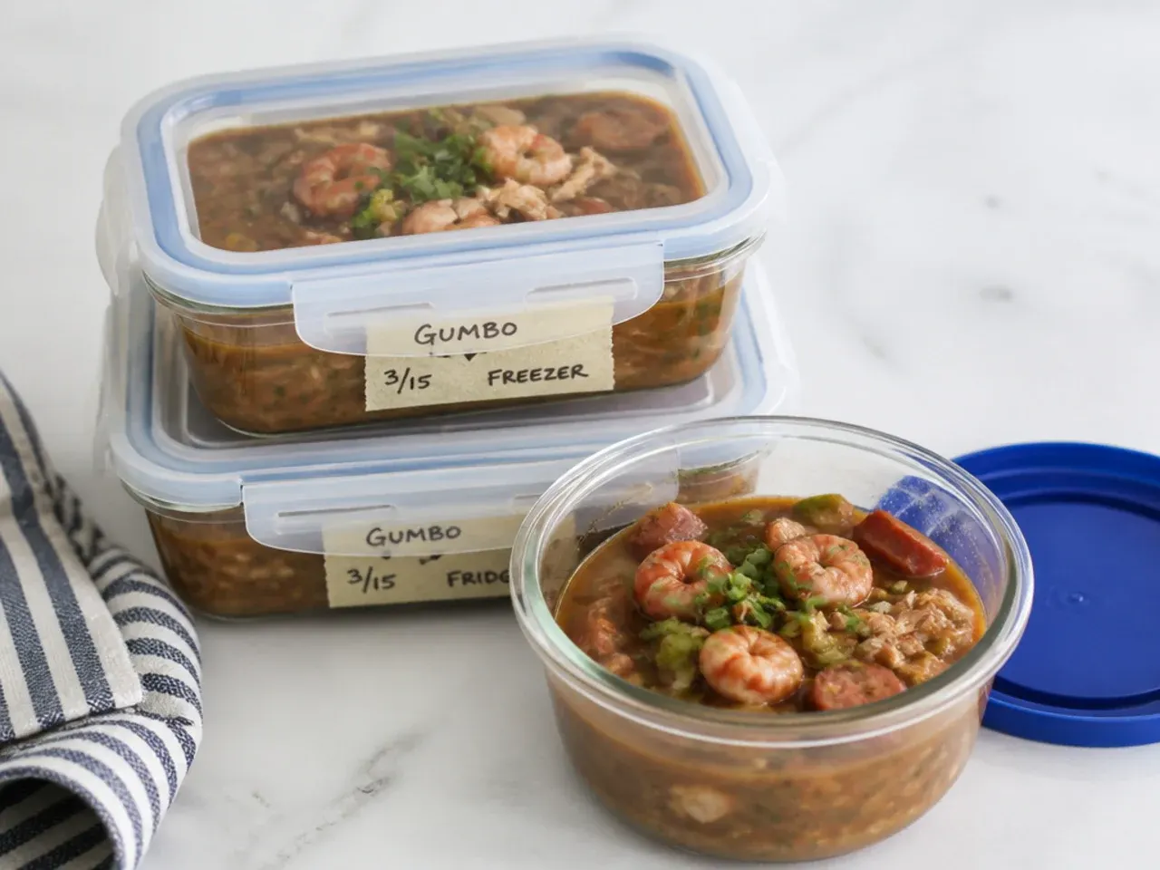 Leftover authentic gumbo stored in containers for the fridge and freezer