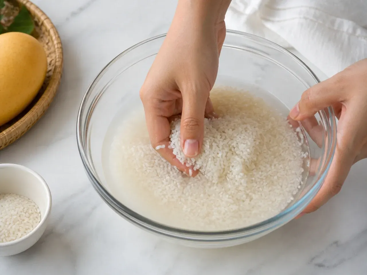authentic mango sticky rice — step 1: rinse and soak the rice