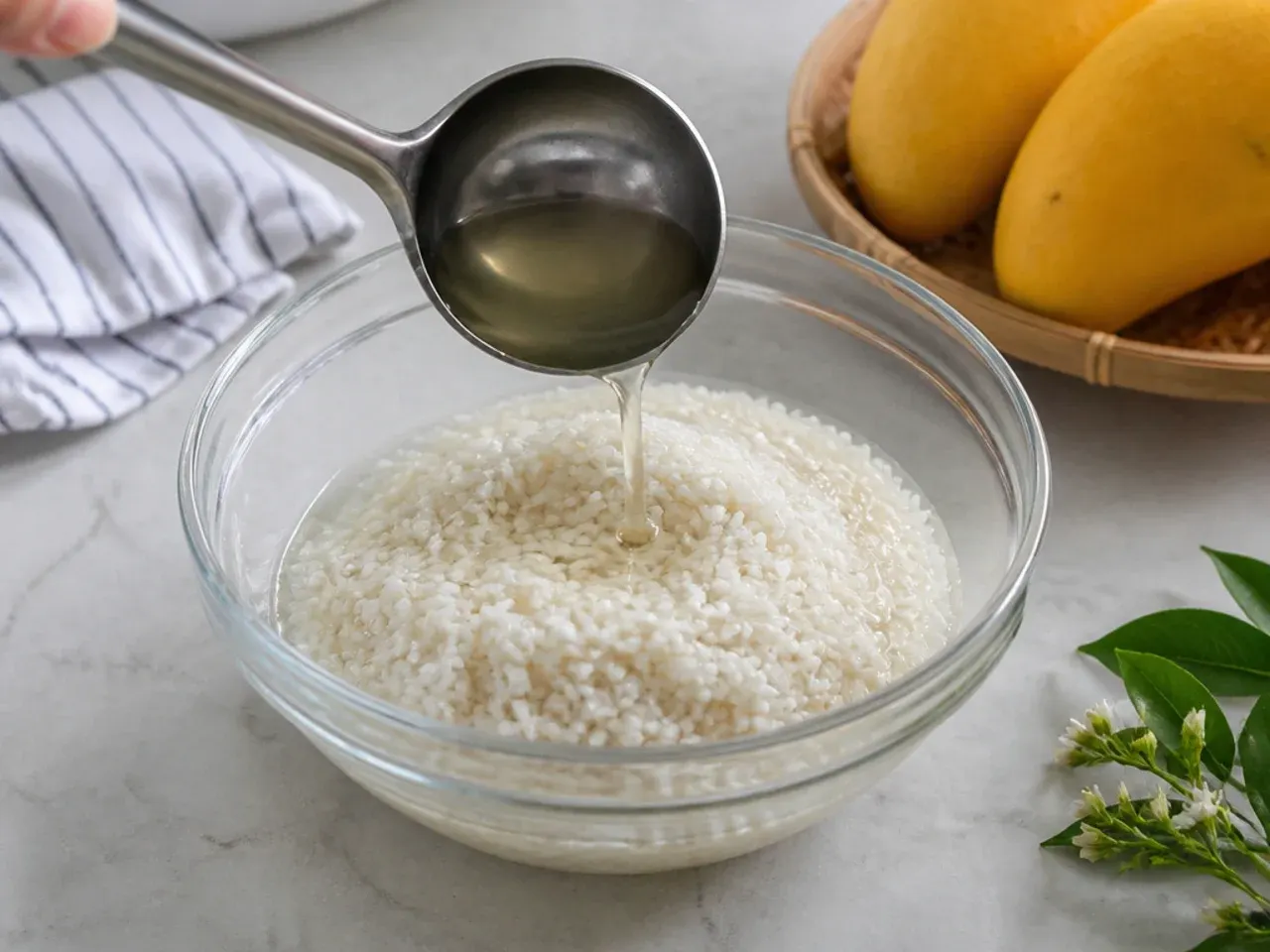 authentic mango sticky rice — step 4: soak the hot rice in the syrup