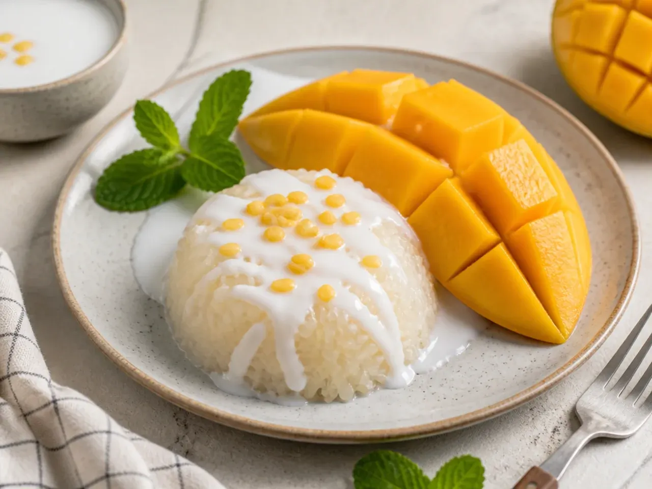 Plate of authentic Thai mango sticky rice with coconut drizzle and fresh mango slices