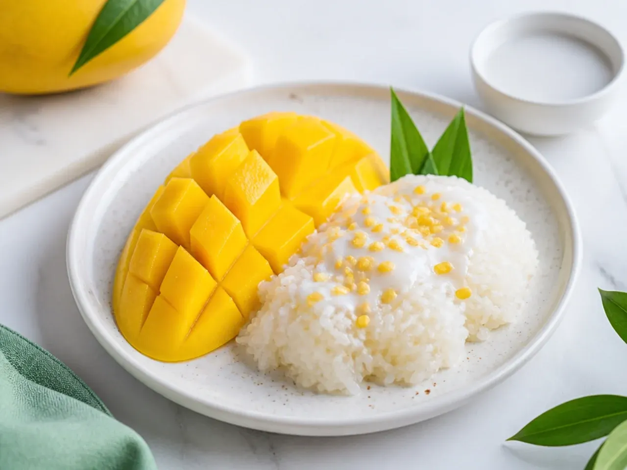 Classic khao niao mamuang Thai mango sticky rice with toasted mung beans