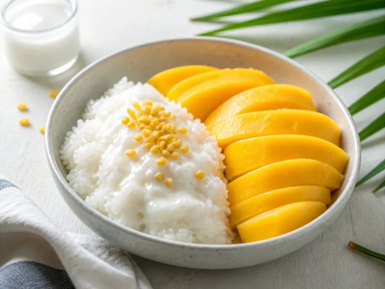 Easy microwave mango sticky rice dessert served in a bowl with sliced mango