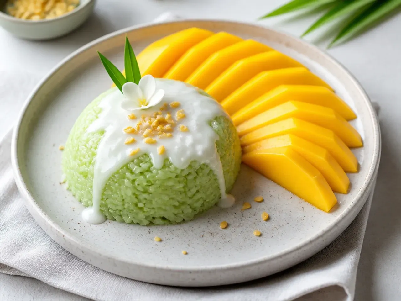 Elegant pandan-infused mango sticky rice dome plated with fanned mango slices