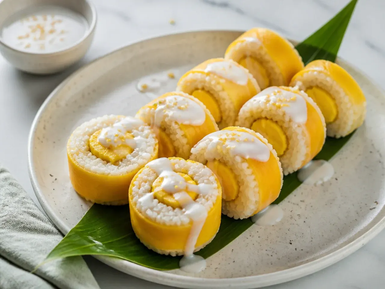 Playful mango sticky rice sushi rolls sliced into rounds with coconut sauce