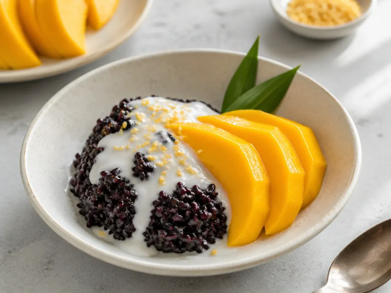 Modern black sticky rice with mango and coconut cream in a ceramic bowl