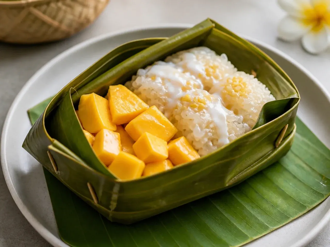 Rustic banana leaf parcels filled with authentic mango sticky rice