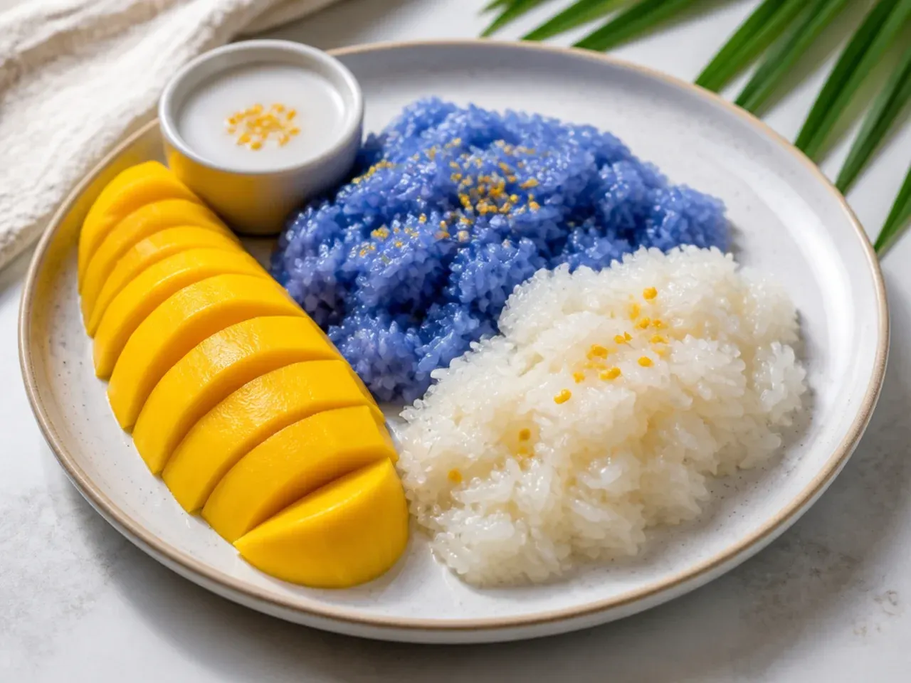 Colorful butterfly pea blue mango sticky rice served two-tone with white rice