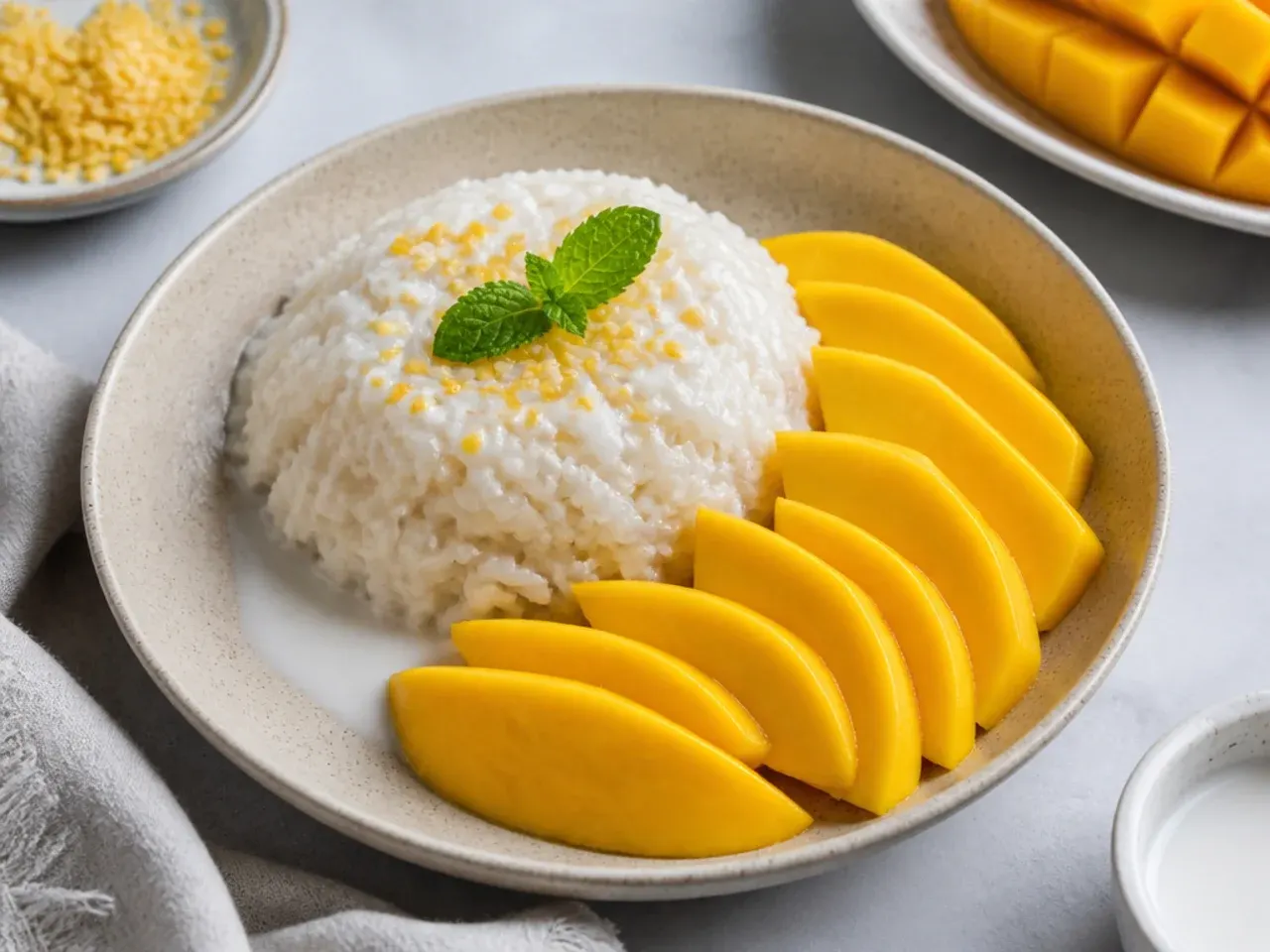 Minimal mango sticky rice bowl with coconut syrup and ripe mango slices