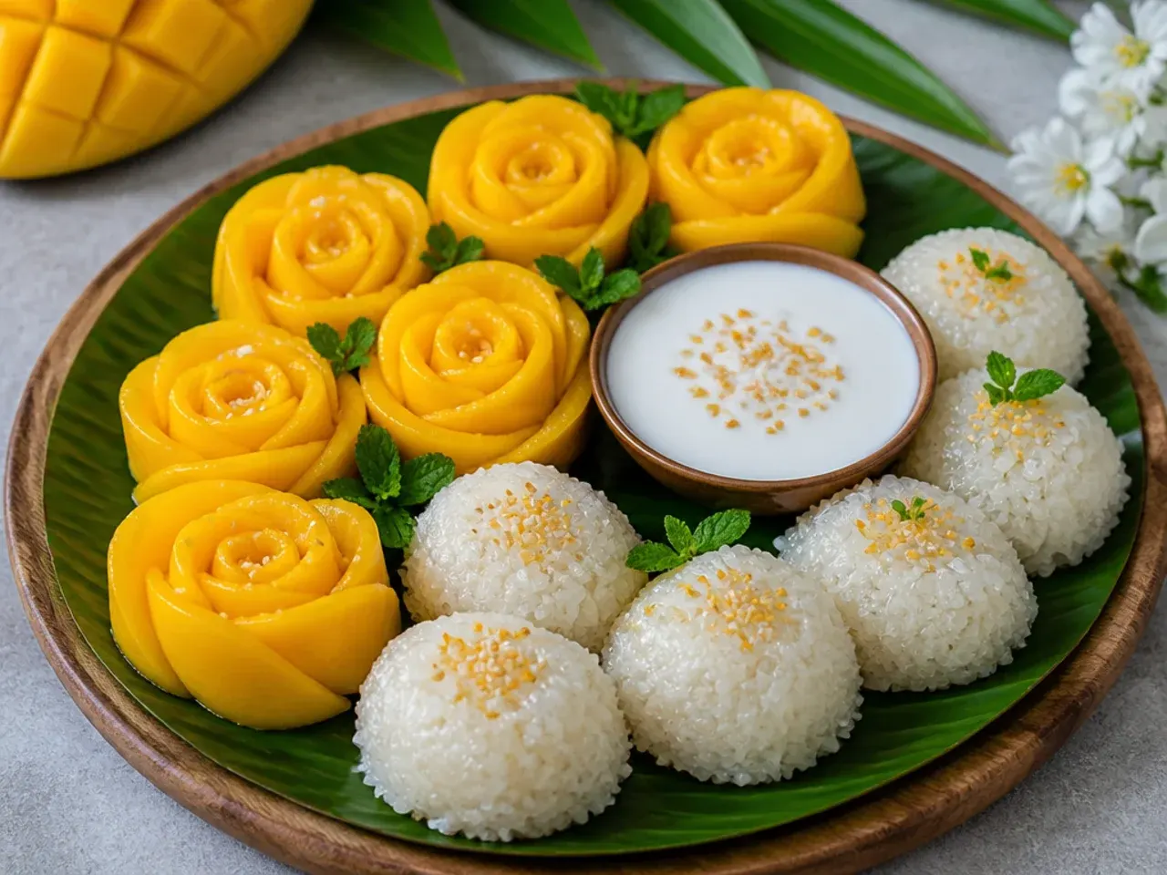 Festive mango sticky rice sharing platter with mango roses for a party