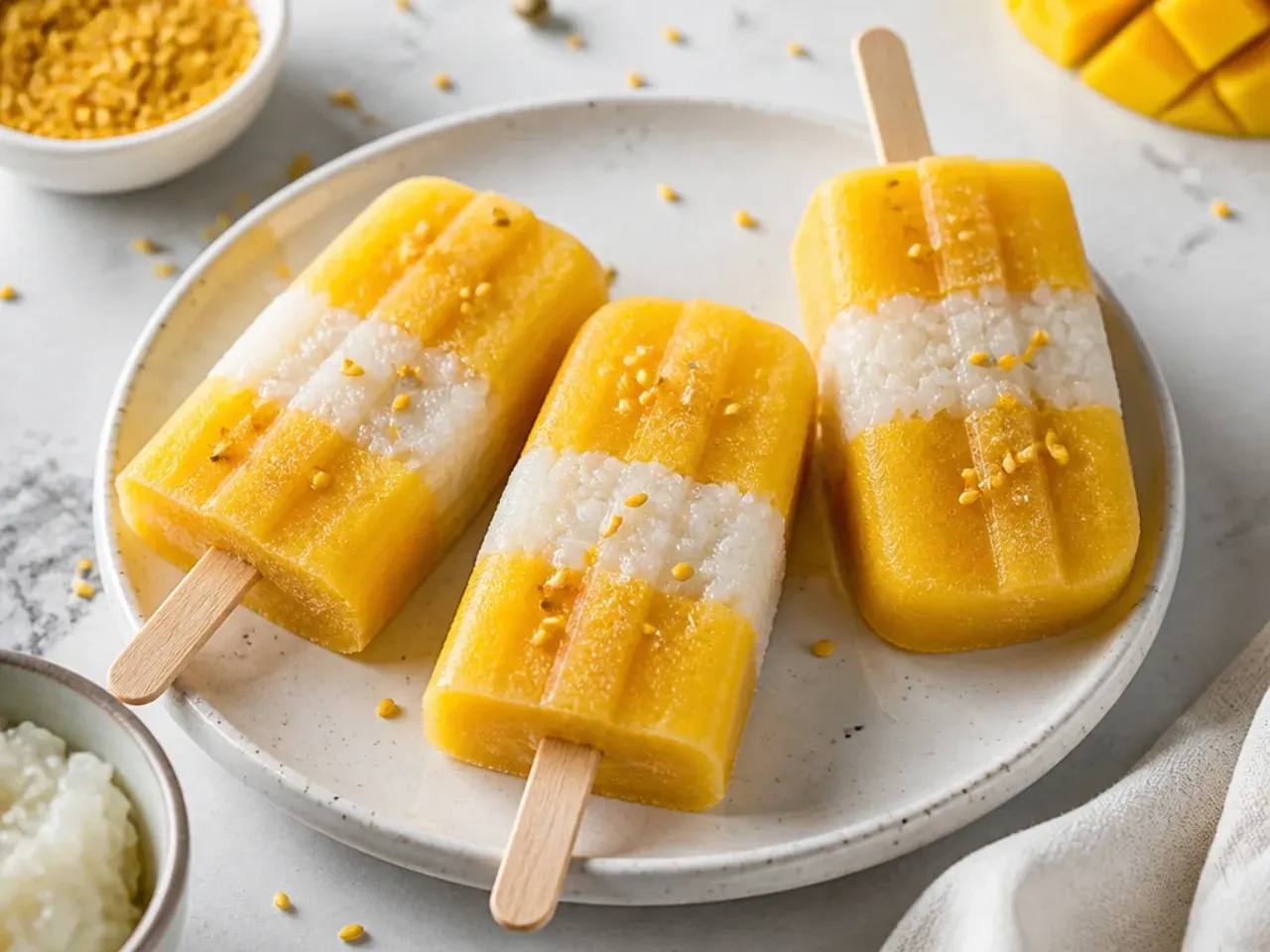 Whimsical mango sticky rice ice lollies with layers of mango puree and coconut rice
