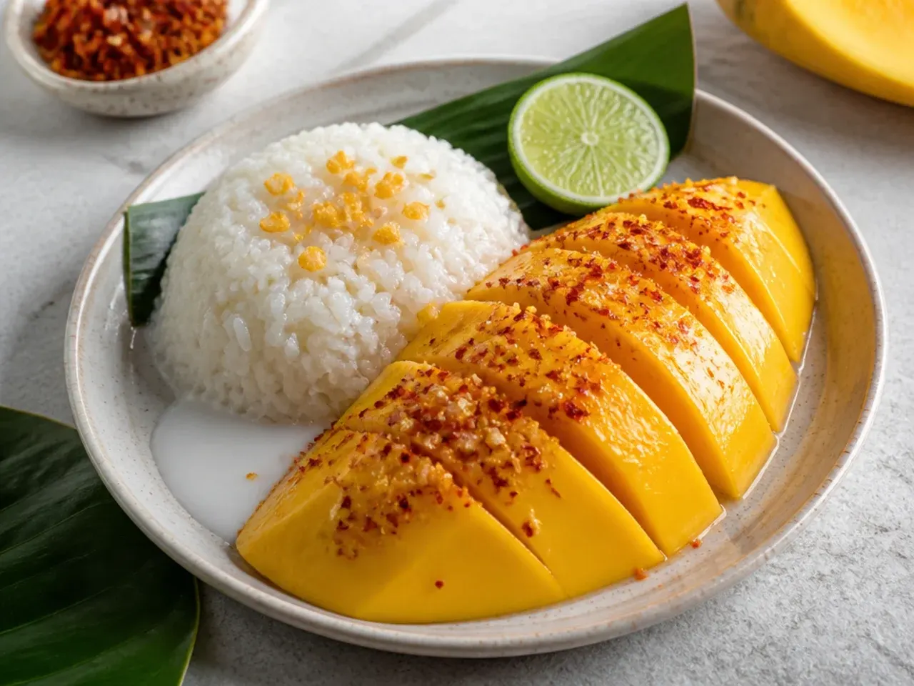 Bold chili-lime mango sticky rice with prik gleua salt sprinkled on mango