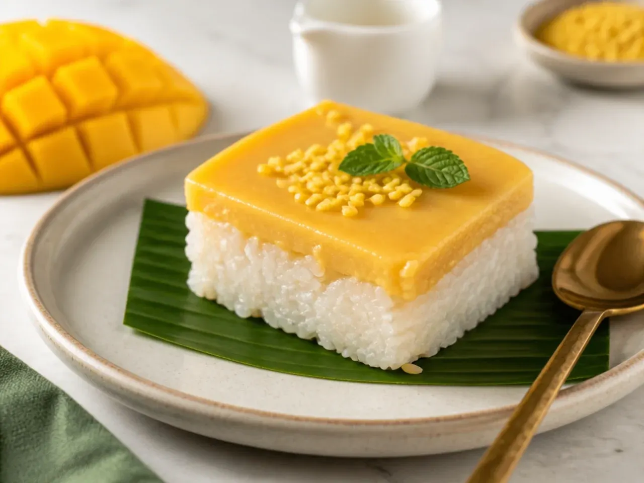 Delicate mango sticky rice with sangkhaya Thai coconut custard layer