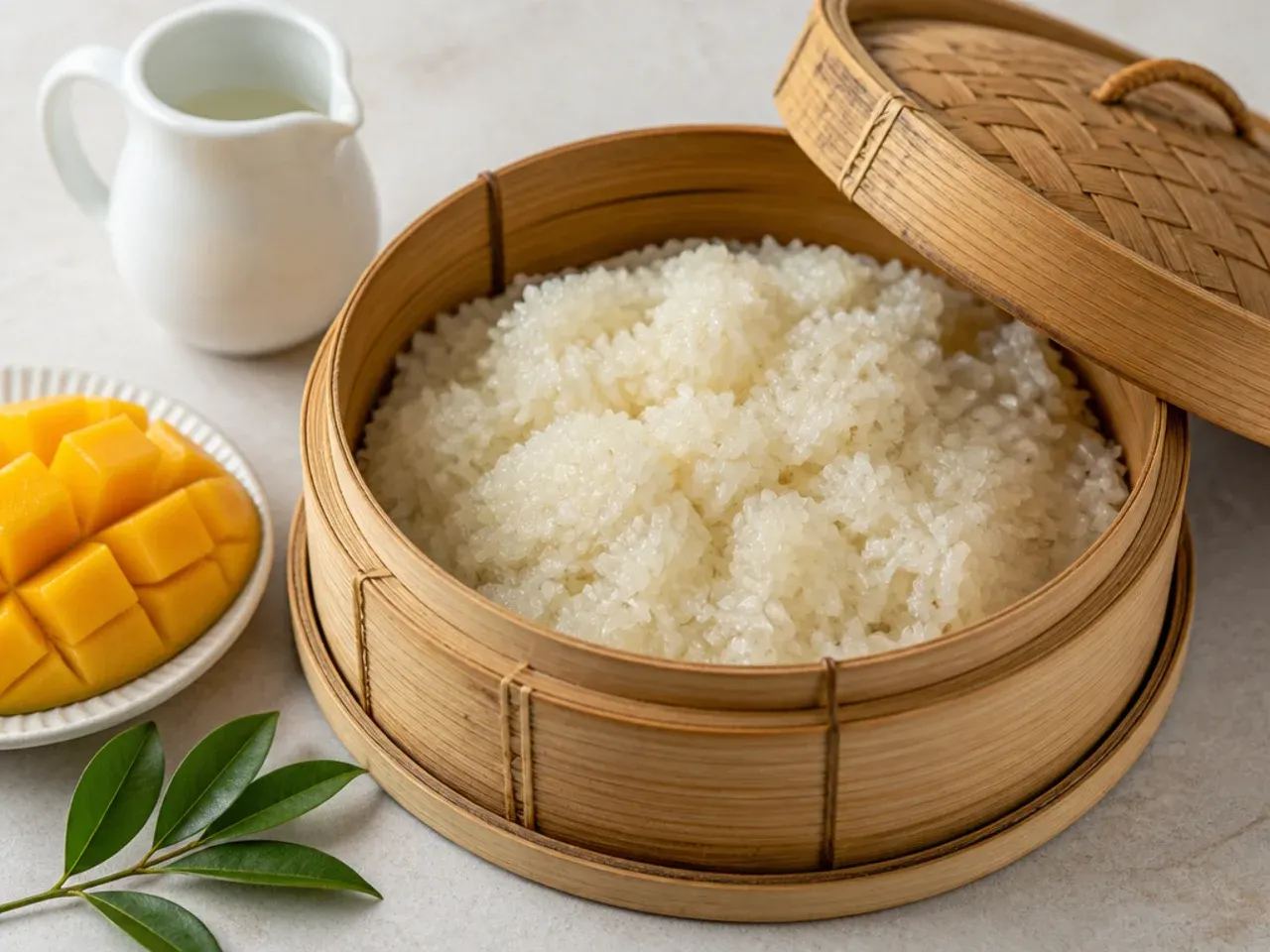 Vintage bamboo basket steaming method for traditional Thai sticky rice with mango
