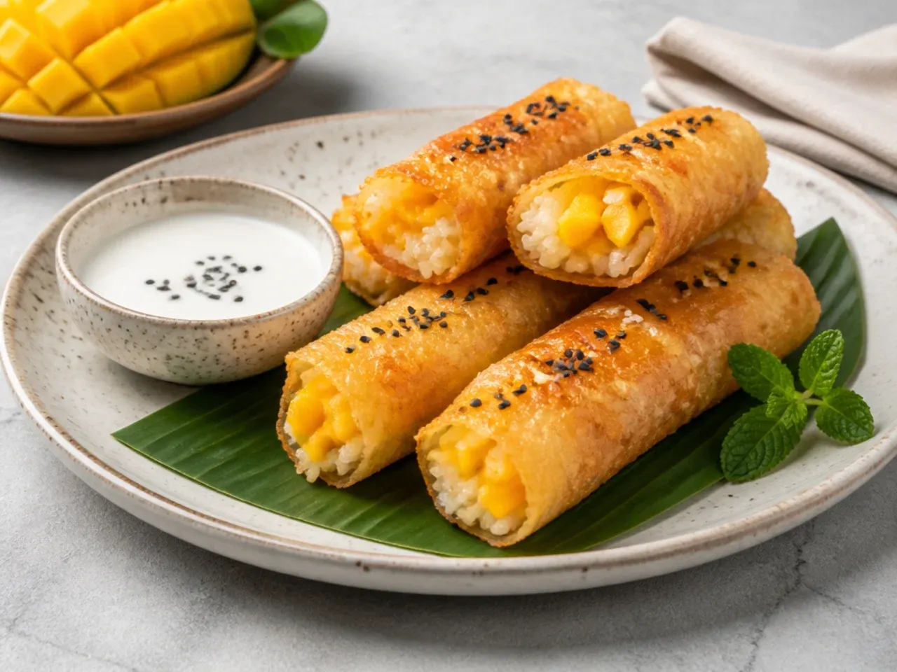 Creative crispy fried mango sticky rice spring rolls with coconut dipping sauce