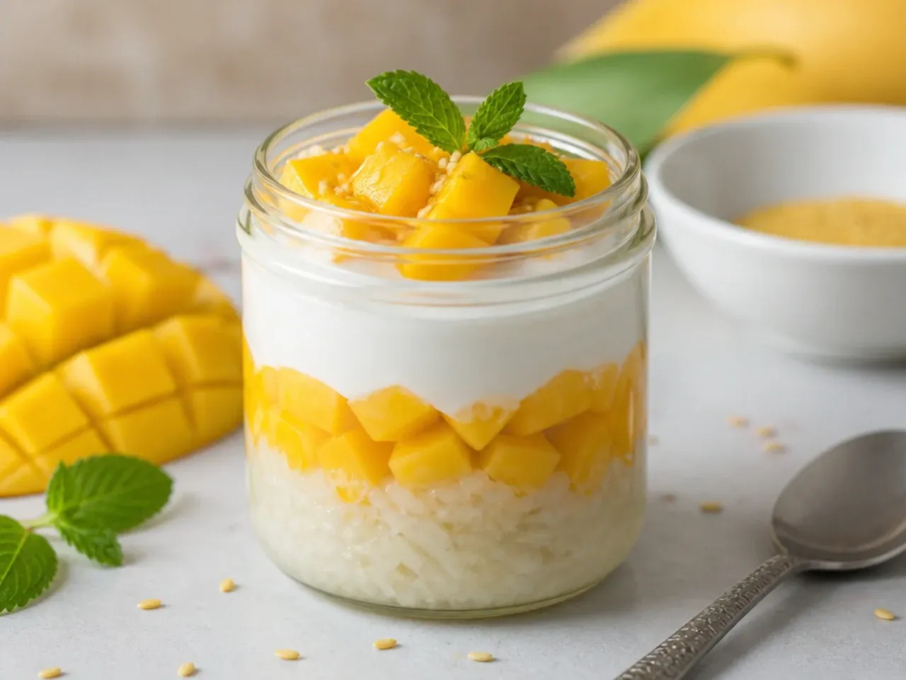 Charming mango sticky rice dessert jars layered with coconut sauce and diced mango