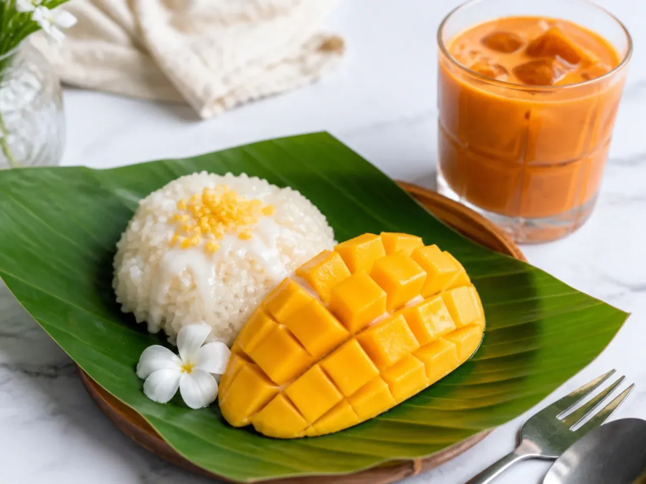 Authentic mango sticky rice served with Thai iced tea on a banana leaf