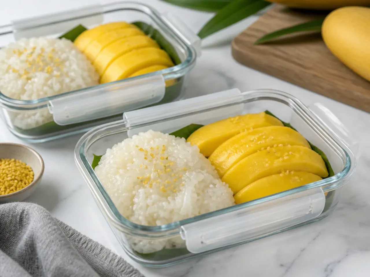 Storing and reheating Thai mango sticky rice in airtight containers