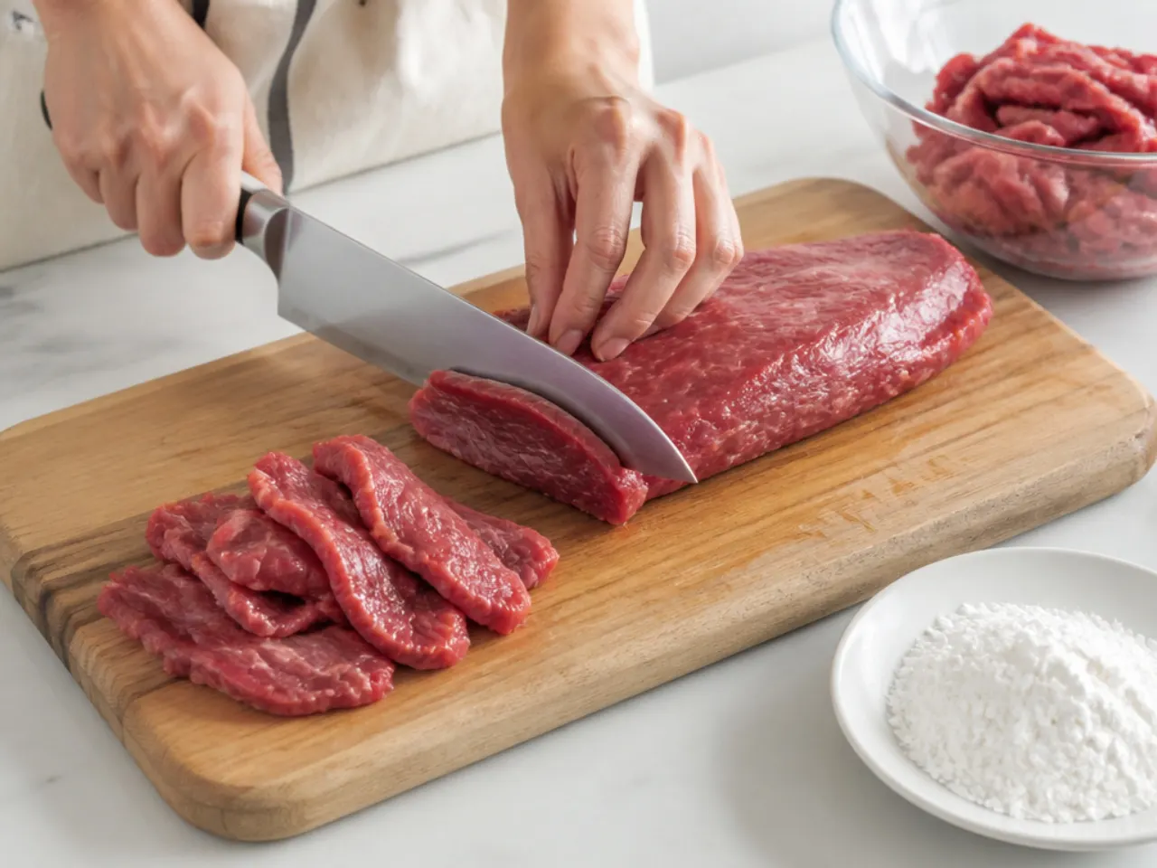 authentic mongolian beef — step 1: slice and tenderise the beef